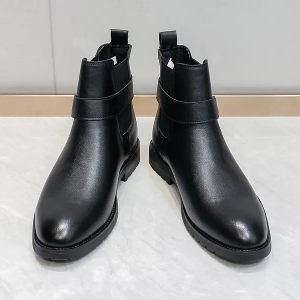 Men's Brown Faux Leather Chelsea Boots with Buckle Strap, Polished Finish, and Rugged Sole – Classic Casual & Formal Footwear