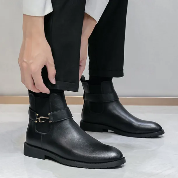 Men's Brown Faux Leather Chelsea Boots with Buckle Strap, Polished Finish, and Rugged Sole – Classic Casual & Formal Footwear