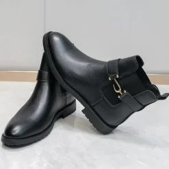 Men's Brown Faux Leather Chelsea Boots with Buckle Strap, Polished Finish, and Rugged Sole – Classic Casual & Formal Footwear