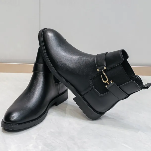 Men's Brown Faux Leather Chelsea Boots with Buckle Strap, Polished Finish, and Rugged Sole – Classic Casual & Formal Footwear