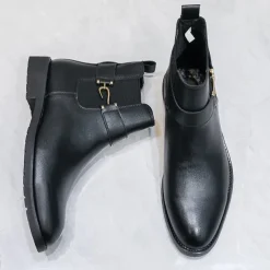 Men's Brown Faux Leather Chelsea Boots with Buckle Strap, Polished Finish, and Rugged Sole – Classic Casual & Formal Footwear