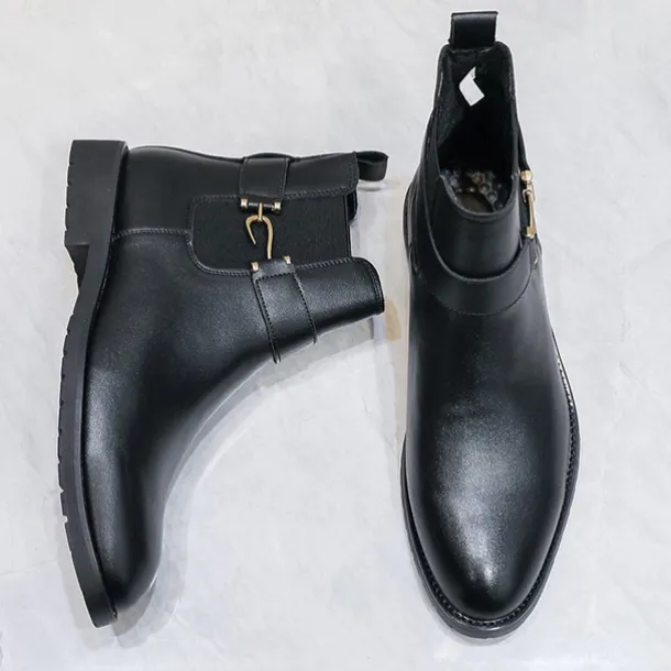 Men's Brown Faux Leather Chelsea Boots with Buckle Strap, Polished Finish, and Rugged Sole – Classic Casual & Formal Footwear