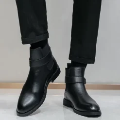 Men's Brown Faux Leather Chelsea Boots with Buckle Strap, Polished Finish, and Rugged Sole – Classic Casual & Formal Footwear