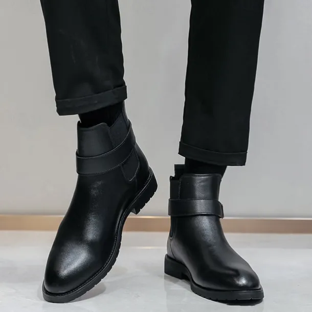 Men's Brown Faux Leather Chelsea Boots with Buckle Strap, Polished Finish, and Rugged Sole – Classic Casual & Formal Footwear