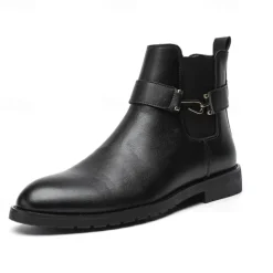 Men's Brown Faux Leather Chelsea Boots with Buckle Strap, Polished Finish, and Rugged Sole – Classic Casual & Formal Footwear