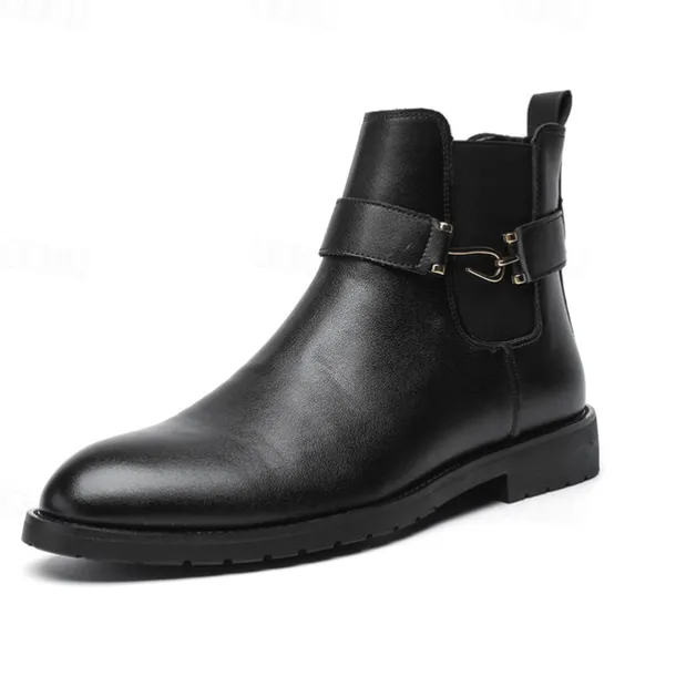 Men's Brown Faux Leather Chelsea Boots with Buckle Strap, Polished Finish, and Rugged Sole – Classic Casual & Formal Footwear