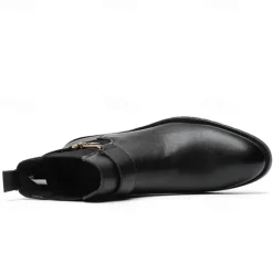 Men's Brown Faux Leather Chelsea Boots with Buckle Strap, Polished Finish, and Rugged Sole – Classic Casual & Formal Footwear