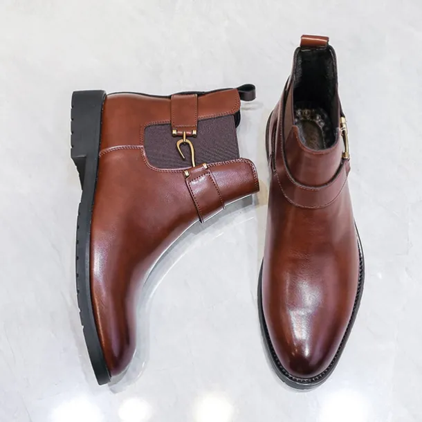 Men's Brown Faux Leather Chelsea Boots with Buckle Strap, Polished Finish, and Rugged Sole – Classic Casual & Formal Footwear