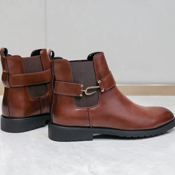 Men's Brown Faux Leather Chelsea Boots with Buckle Strap, Polished Finish, and Rugged Sole – Classic Casual & Formal Footwear