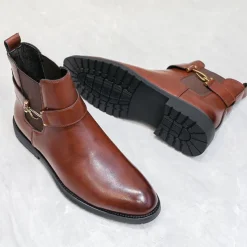Men's Brown Faux Leather Chelsea Boots with Buckle Strap, Polished Finish, and Rugged Sole – Classic Casual & Formal Footwear