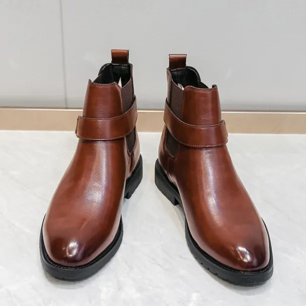 Men's Brown Faux Leather Chelsea Boots with Buckle Strap, Polished Finish, and Rugged Sole – Classic Casual & Formal Footwear