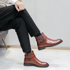 Men's Brown Faux Leather Chelsea Boots with Buckle Strap, Polished Finish, and Rugged Sole – Classic Casual & Formal Footwear