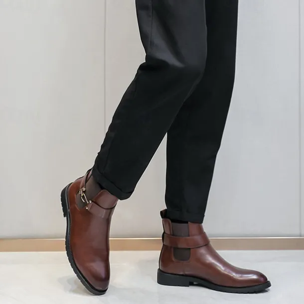 Men's Brown Faux Leather Chelsea Boots with Buckle Strap, Polished Finish, and Rugged Sole – Classic Casual & Formal Footwear
