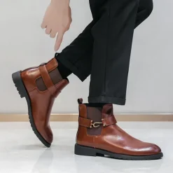 Men's Brown Faux Leather Chelsea Boots with Buckle Strap, Polished Finish, and Rugged Sole – Classic Casual & Formal Footwear