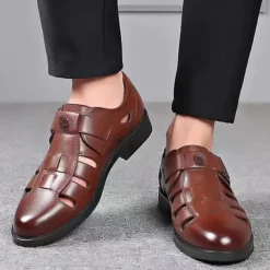 Men's Brown Faux Leather Cut-Out Sandals with Adjustable Buckle, Stylish Breathable Dress Shoes for Summer and Casual Wear