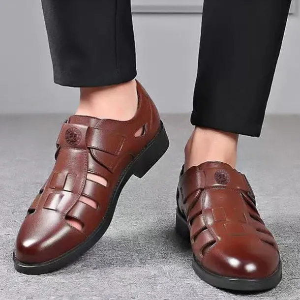 Men's Brown Faux Leather Cut-Out Sandals with Adjustable Buckle, Stylish Breathable Dress Shoes for Summer and Casual Wear