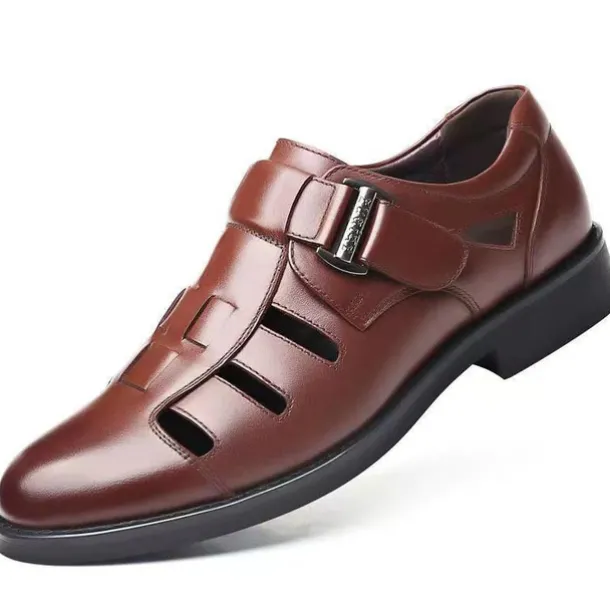 Men's Brown Faux Leather Cut-Out Sandals with Adjustable Buckle, Stylish Breathable Dress Shoes for Summer and Casual Wear
