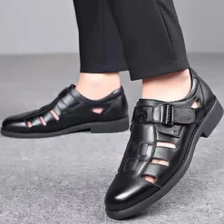 Men's Brown Faux Leather Cut-Out Sandals with Adjustable Buckle, Stylish Breathable Dress Shoes for Summer and Casual Wear