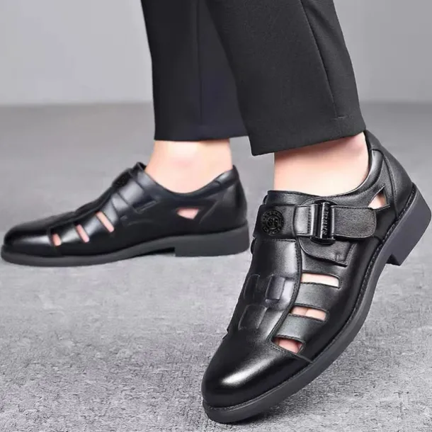 Men's Brown Faux Leather Cut-Out Sandals with Adjustable Buckle, Stylish Breathable Dress Shoes for Summer and Casual Wear