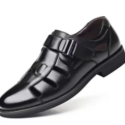 Men's Brown Faux Leather Cut-Out Sandals with Adjustable Buckle, Stylish Breathable Dress Shoes for Summer and Casual Wear