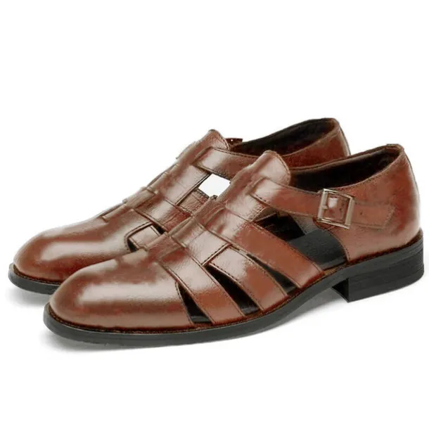 Men's Brown Faux Leather Fisherman Sandals with Buckle Strap and Rugged Sole for Comfortable Outdoor Wear