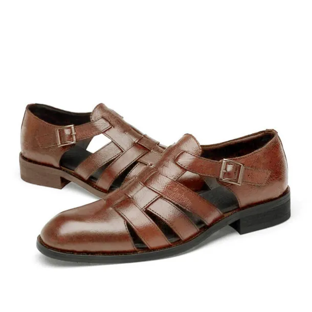 Men's Brown Faux Leather Fisherman Sandals with Buckle Strap and Rugged Sole for Comfortable Outdoor Wear