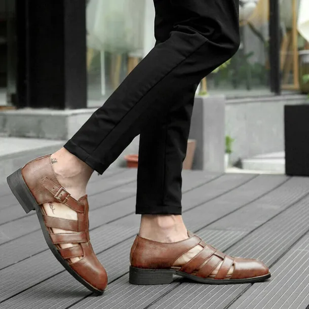 Men's Brown Faux Leather Fisherman Sandals with Buckle Strap and Rugged Sole for Comfortable Outdoor Wear