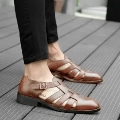 Men's Brown Faux Leather Fisherman Sandals with Buckle Strap and Rugged Sole for Comfortable Outdoor Wear