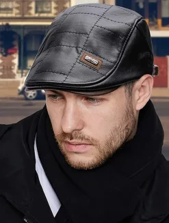 Men's Brown Faux Leather Flat Cap with Quilted Design – Classic Vintage Newsboy Hat for Casual and Outdoor Wear