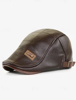 Men's Brown Faux Leather Flat Cap with Quilted Design – Classic Vintage Newsboy Hat for Casual and Outdoor Wear