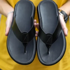 Men's Brown Faux Leather Flip Flops - Casual Open-Toe Summer Sandals with Comfortable Sole for Beach and Everyday Wear