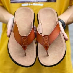 Men's Brown Faux Leather Flip Flops - Casual Open-Toe Summer Sandals with Comfortable Sole for Beach and Everyday Wear