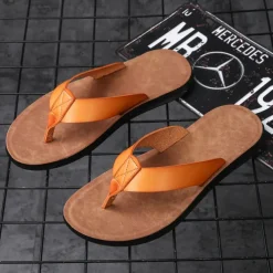 Men's Brown Faux Leather Flip Flops - Casual Open-Toe Summer Sandals with Comfortable Sole for Beach and Everyday Wear