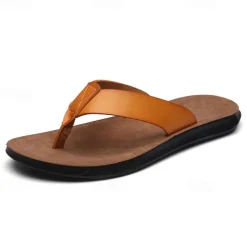 Men's Brown Faux Leather Flip Flops - Casual Open-Toe Summer Sandals with Comfortable Sole for Beach and Everyday Wear