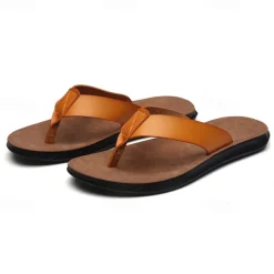 Men's Brown Faux Leather Flip Flops - Casual Open-Toe Summer Sandals with Comfortable Sole for Beach and Everyday Wear