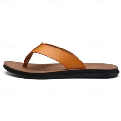 Men's Brown Faux Leather Flip Flops - Casual Open-Toe Summer Sandals with Comfortable Sole for Beach and Everyday Wear