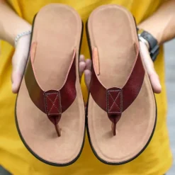 Men's Brown Faux Leather Flip Flops - Casual Open-Toe Summer Sandals with Comfortable Sole for Beach and Everyday Wear