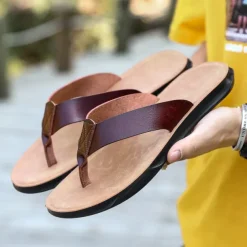 Men's Brown Faux Leather Flip Flops - Casual Open-Toe Summer Sandals with Comfortable Sole for Beach and Everyday Wear
