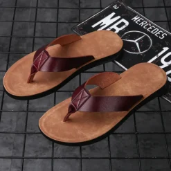 Men's Brown Faux Leather Flip Flops - Casual Open-Toe Summer Sandals with Comfortable Sole for Beach and Everyday Wear