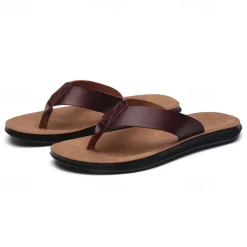 Men's Brown Faux Leather Flip Flops - Casual Open-Toe Summer Sandals with Comfortable Sole for Beach and Everyday Wear