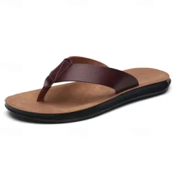 Men's Brown Faux Leather Flip Flops - Casual Open-Toe Summer Sandals with Comfortable Sole for Beach and Everyday Wear