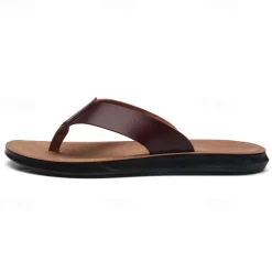 Men's Brown Faux Leather Flip Flops - Casual Open-Toe Summer Sandals with Comfortable Sole for Beach and Everyday Wear