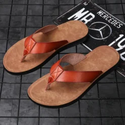 Men's Brown Faux Leather Flip Flops - Casual Open-Toe Summer Sandals with Comfortable Sole for Beach and Everyday Wear