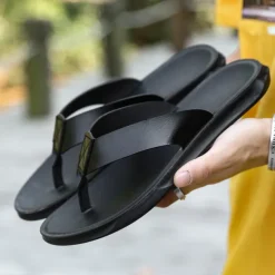 Men's Brown Faux Leather Flip Flops - Casual Open-Toe Summer Sandals with Comfortable Sole for Beach and Everyday Wear