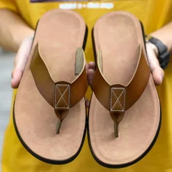 Men's Brown Faux Leather Flip Flops - Casual Open-Toe Summer Sandals with Comfortable Sole for Beach and Everyday Wear