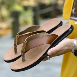 Men's Brown Faux Leather Flip Flops - Casual Open-Toe Summer Sandals with Comfortable Sole for Beach and Everyday Wear