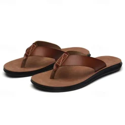 Men's Brown Faux Leather Flip Flops - Casual Open-Toe Summer Sandals with Comfortable Sole for Beach and Everyday Wear