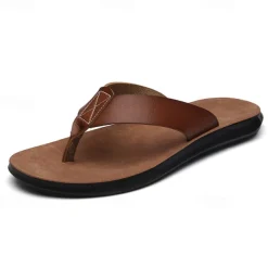 Men's Brown Faux Leather Flip Flops - Casual Open-Toe Summer Sandals with Comfortable Sole for Beach and Everyday Wear