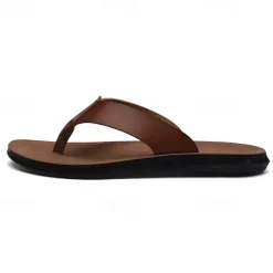 Men's Brown Faux Leather Flip Flops - Casual Open-Toe Summer Sandals with Comfortable Sole for Beach and Everyday Wear