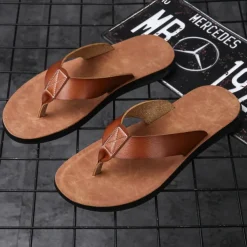 Men's Brown Faux Leather Flip Flops - Casual Open-Toe Summer Sandals with Comfortable Sole for Beach and Everyday Wear